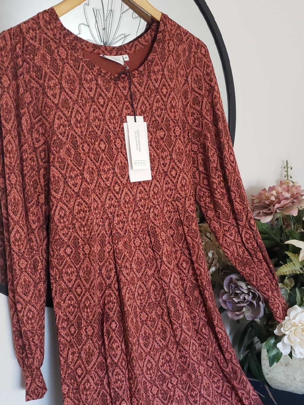Madai Rust Diamond Print Long Sleeve Dress